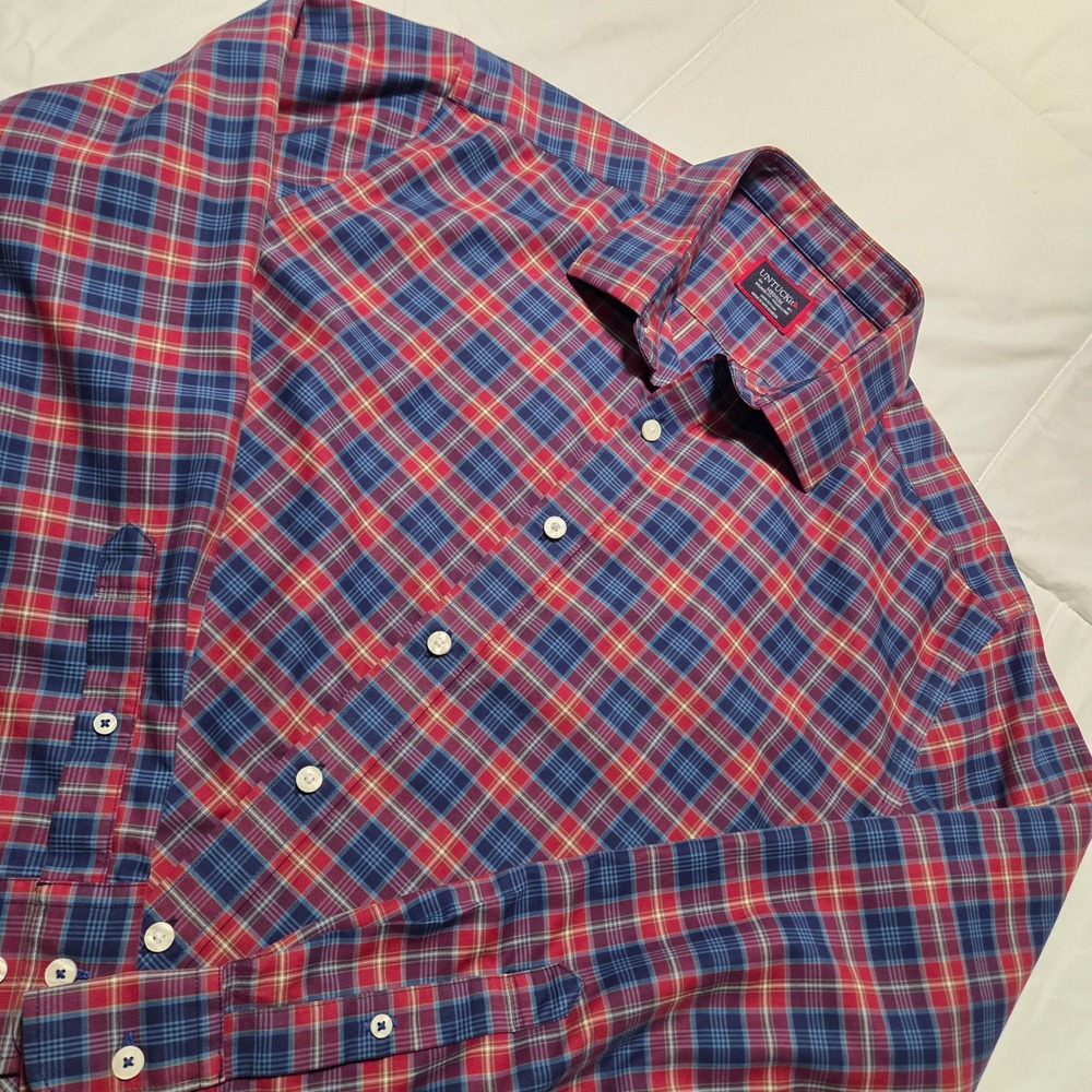 UNTUCKit Arnaldo WF Red Blue Plaid Relaxed Fit Wrinkle Free Shirt Mens Medium